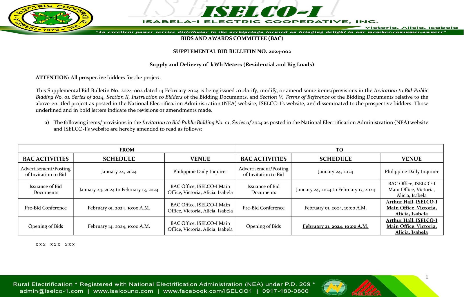 Iselco Uno Suplemental Bid Bulletin No Supply And Delivery