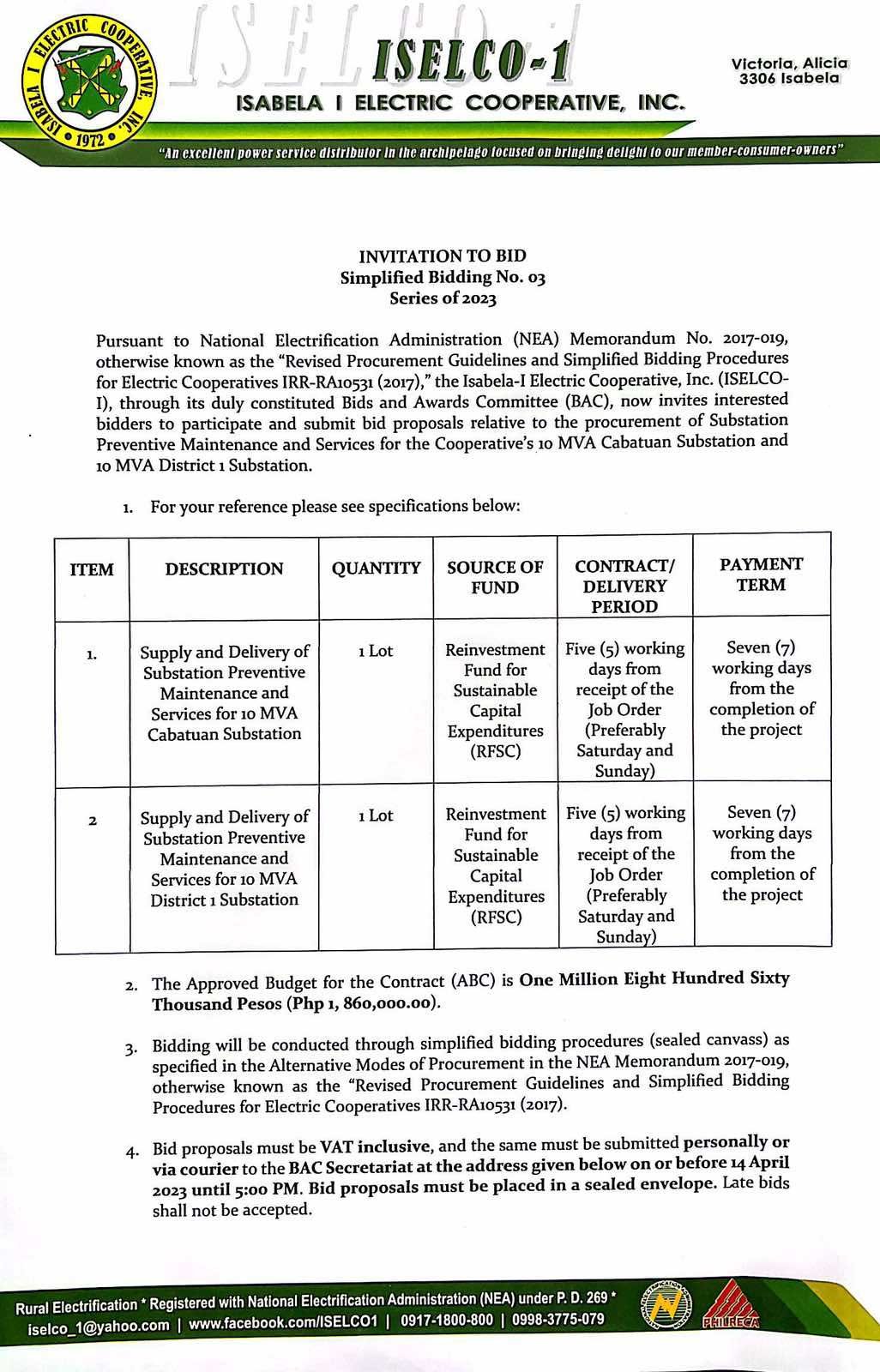 Simplified Bidding No 3 Series of 2023 - Procurement of Substation Maintenance and Services for the Cooperative's 10 MVA Cabatuan Station and 10MVA District 1 Substation