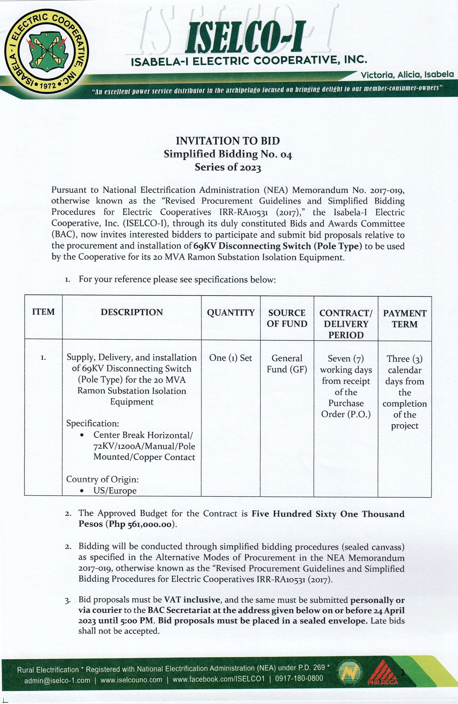 Simplified Bidding No. 04 Series of 2023 - Procurement and installation of 69KV Disconnecting Switch (Pole Type) to be used by the Cooperative for its 20MVA Ramon Substation Isolation Equipment.