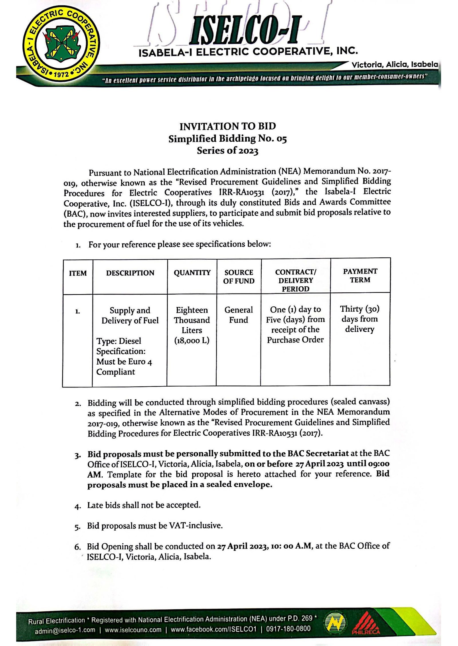 Simplified Bidding No. 05 Series of 2023 - Procurement of fuel for the use of cooperative's vehicles