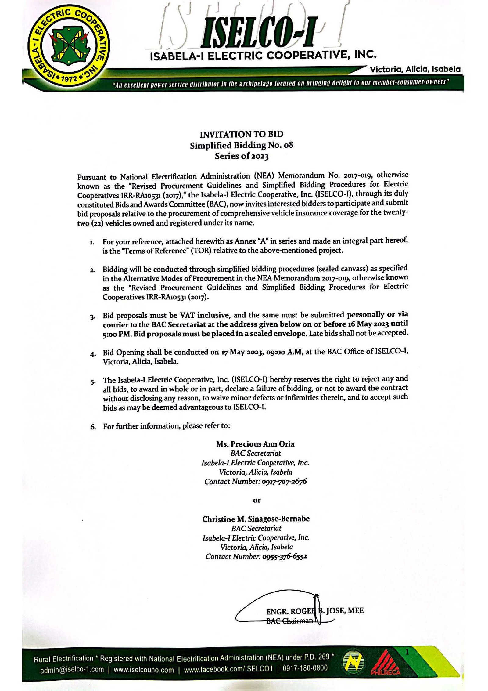 Simplified Bidding No. 08 Series of 2023 - Procurement of comprehensive vehicle insurance coverage for the twenty two (22) vehicles