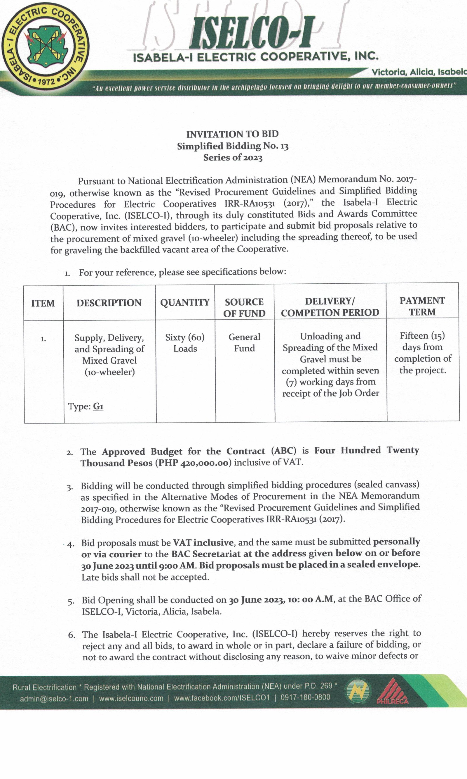 Simplified Bidding No. 013 Series of 2023- Procurement of Mixed Gravel 