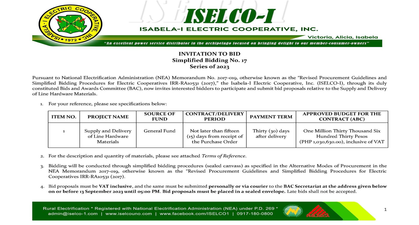 Simplified Bidding No. 17 Series of 2023 - Supply and Delivery of Line Hardware Materials