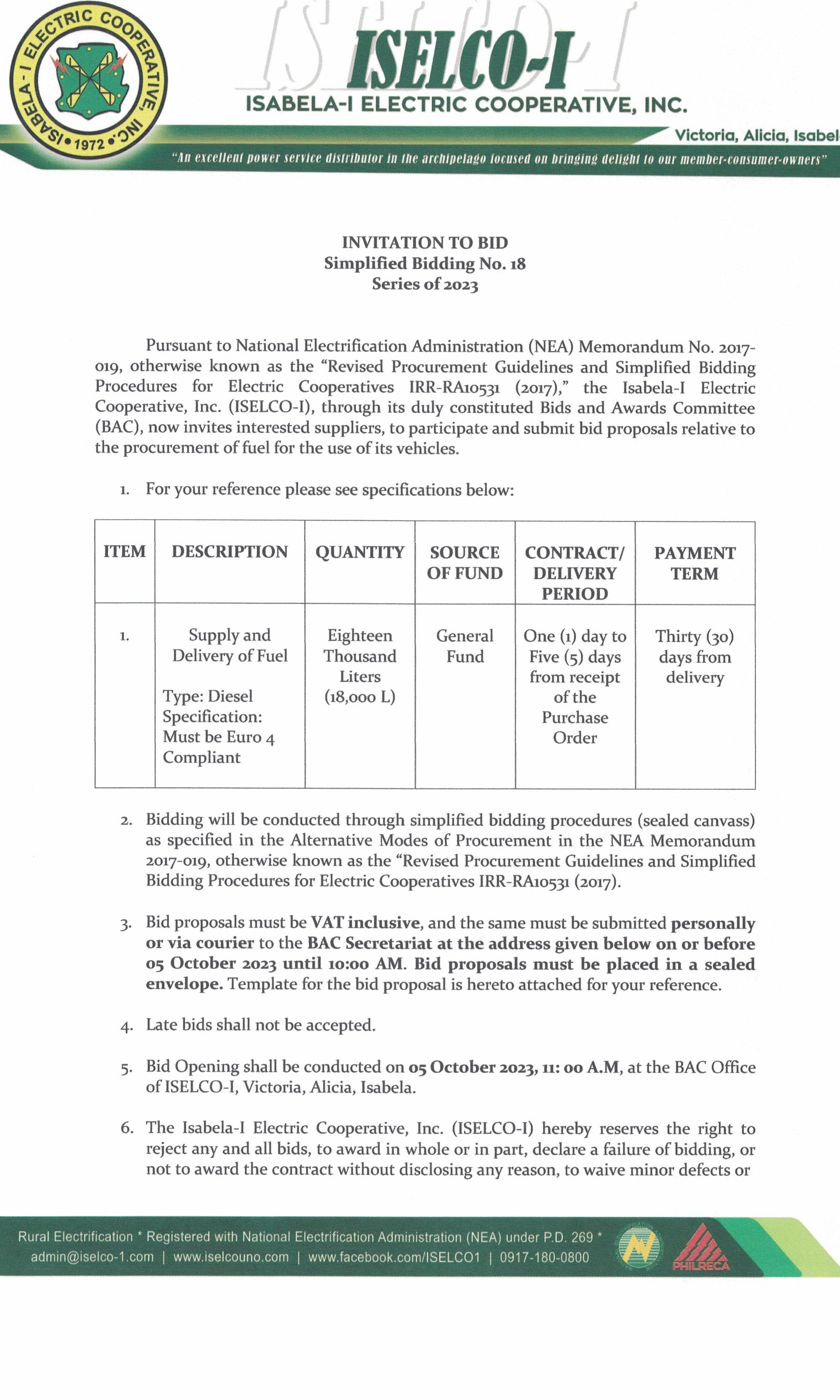 Simplified Bidding No 18 Series of 2023 - Procurement of Fuel for the use Cooperative's Vehicle