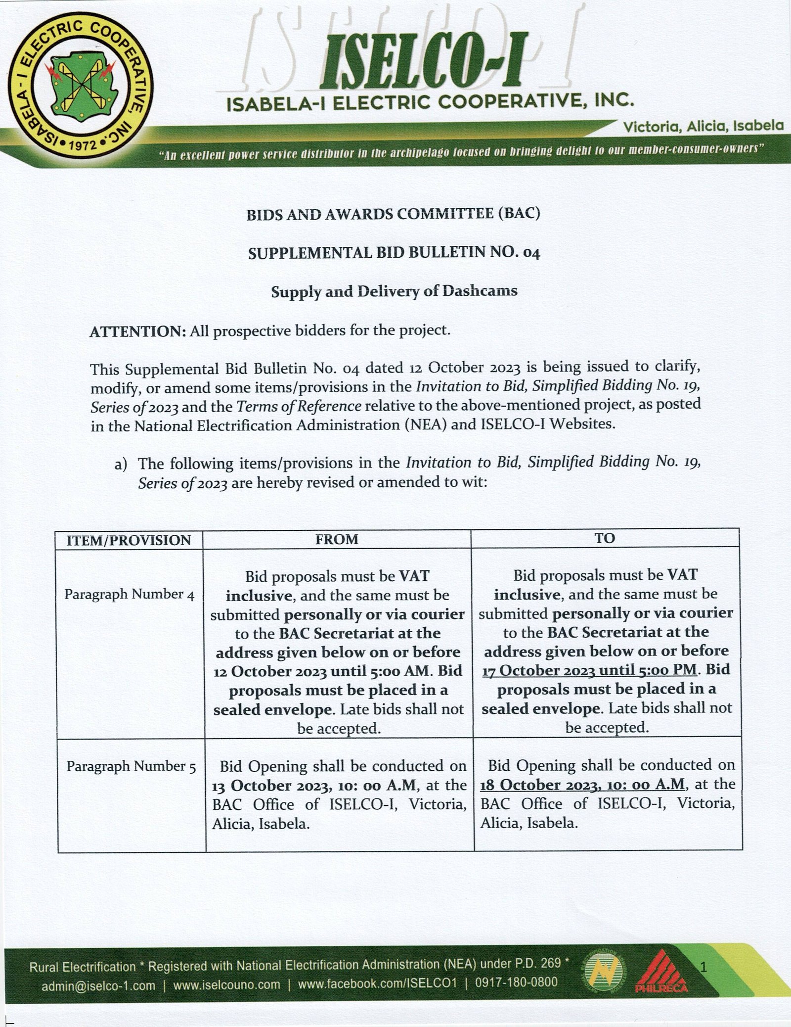 Suplemental Bid Bulletin No.4 Supply and Delivery of Dashcams