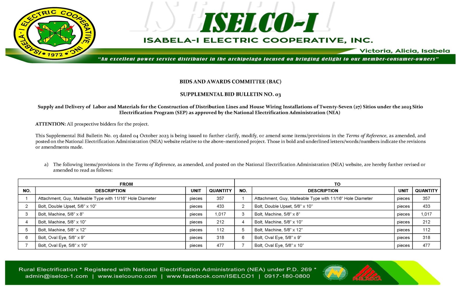 Iselco Uno Supplemental Bid Bulletin No3 Supply And Delivery Of Labor And Materials For The 0213