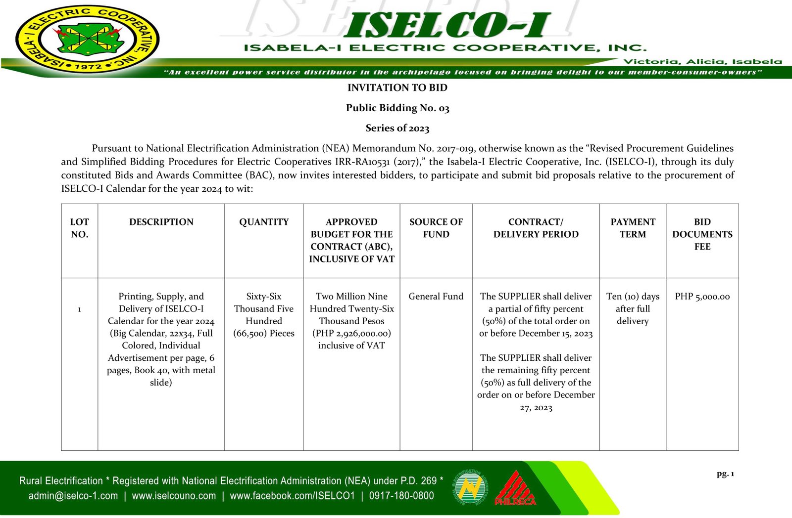 Public Bidding No.03 Series of 2023- Procurement of ISELCO-I Calendar for the year 2024