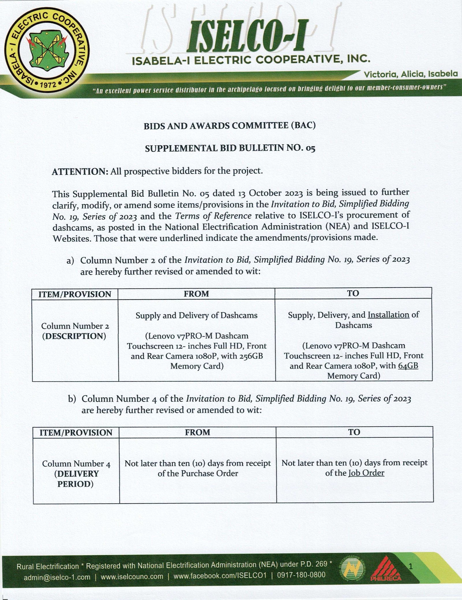 Suplemental Bid Bulletin No.5 Procurement of Dashcam