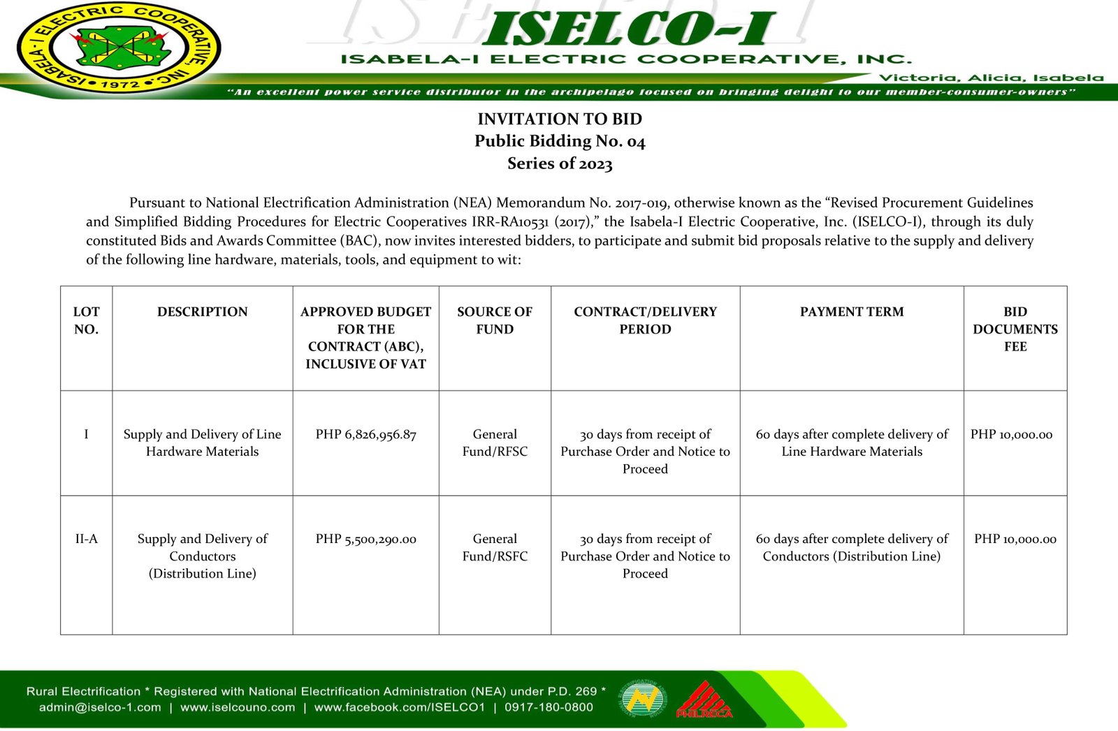 Public Bidding No.04 Series of 2023- Supply and Delivery of Line Hardware Materials, Tools and Equipment