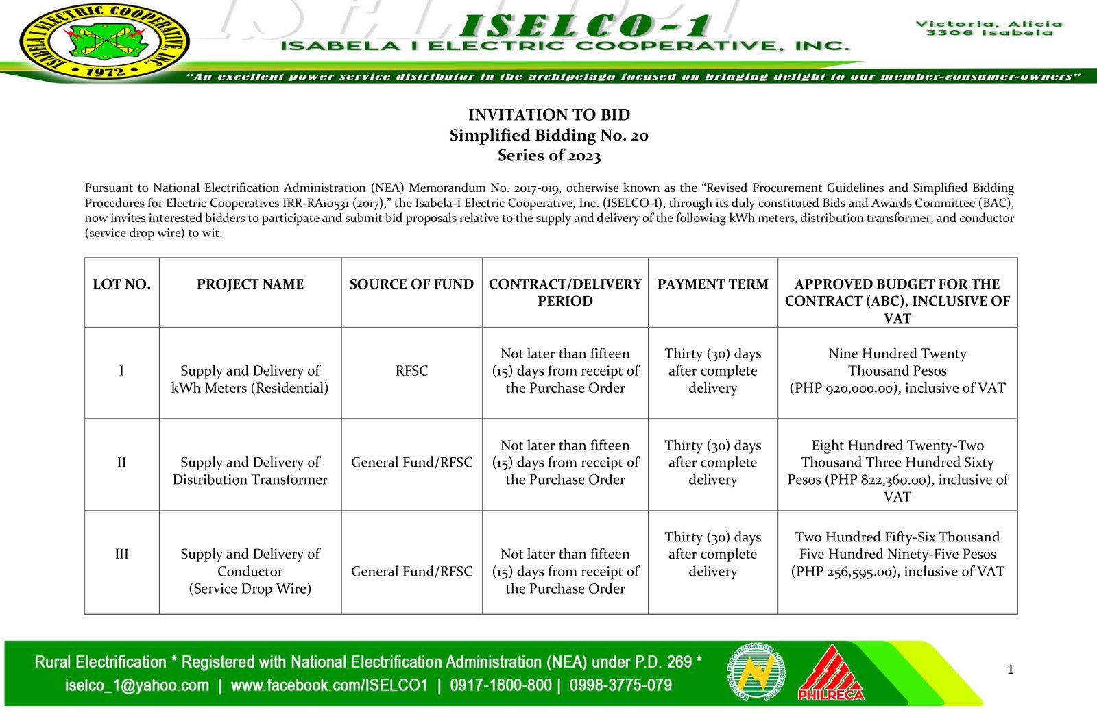 Iselco Uno Simplified Bidding No 20 Series Of 2023 Supply And Delivery Of The Following Kwh 7865