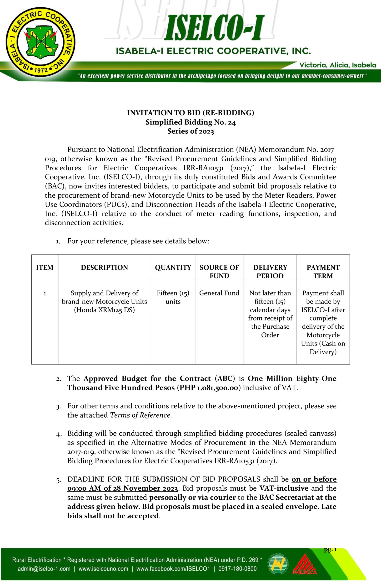 Simplified Bidding No 24 Series of 2023 - Procurement of Brand-New Motorcycle Units to be used by the Meter Readers, Power Use Coordinators (PUCs), and Disconnection Heads
