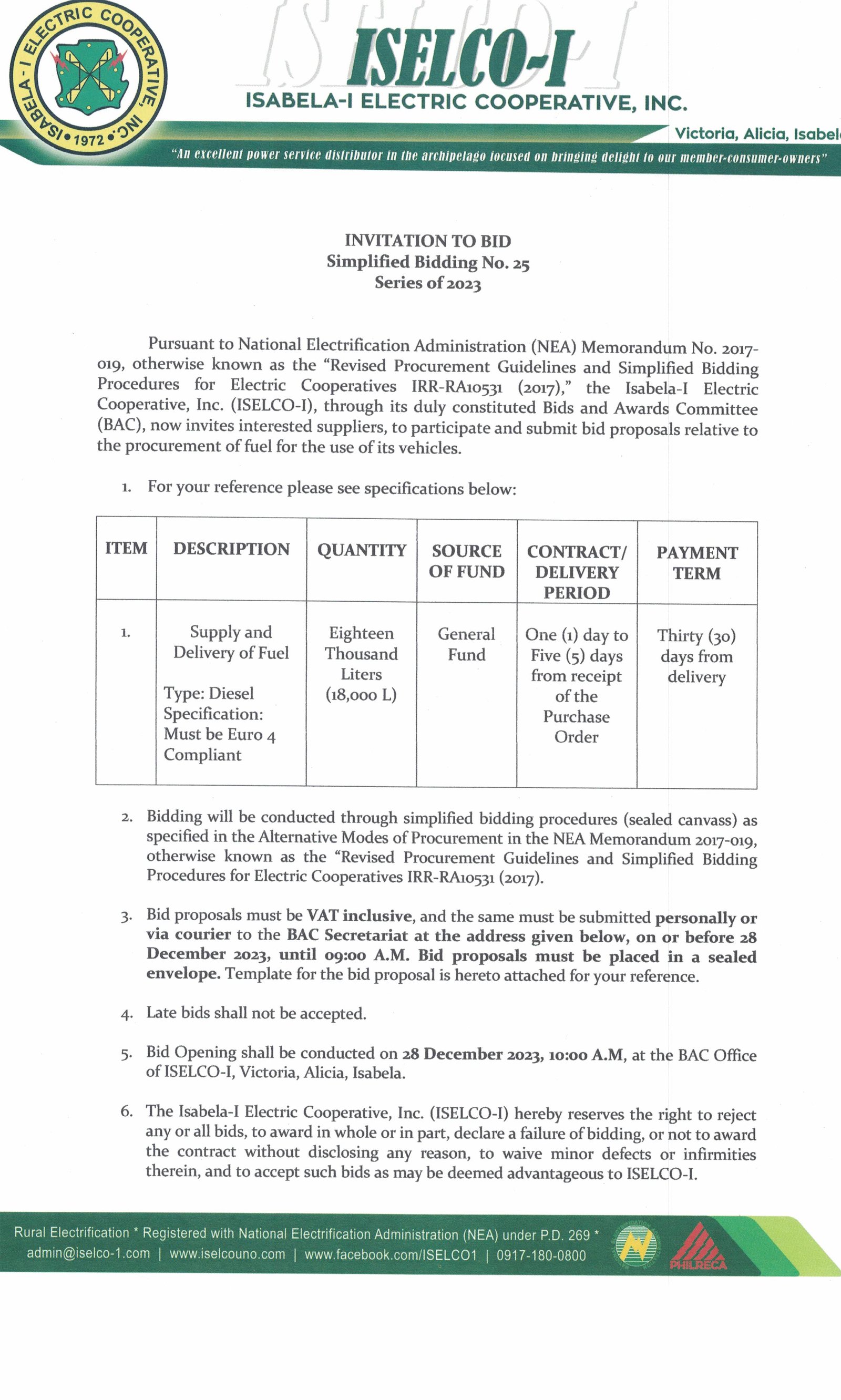 Simplified Bidding No 25 Series of 2023 - Procurement of  fuel for Cooperative Vehicles