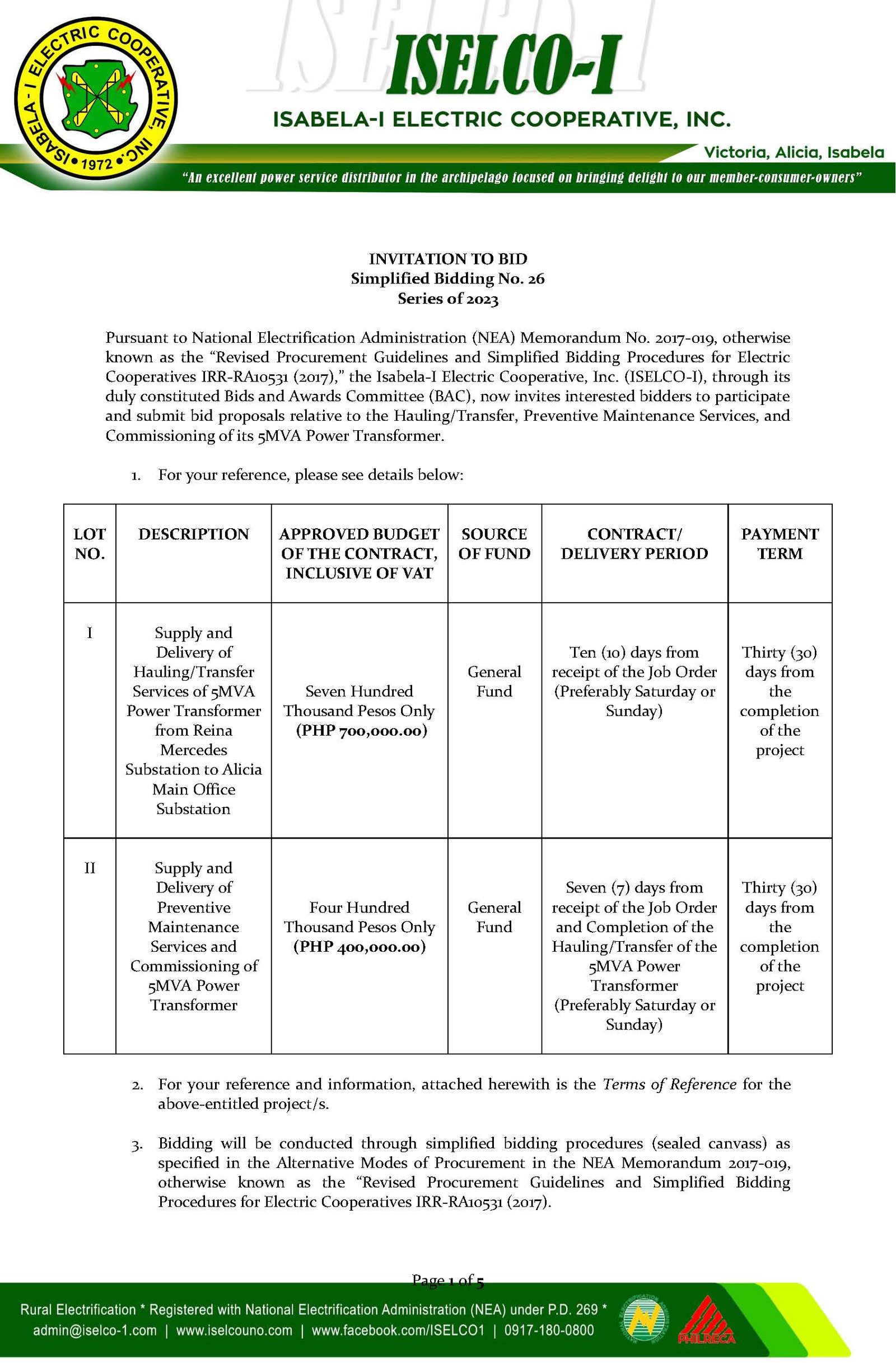 Simplified Bidding No 26 Series of 2023 - Hauling/Transfer, Preventive Maintenance Services, and Commissioning of its 5MVA Power Transformer