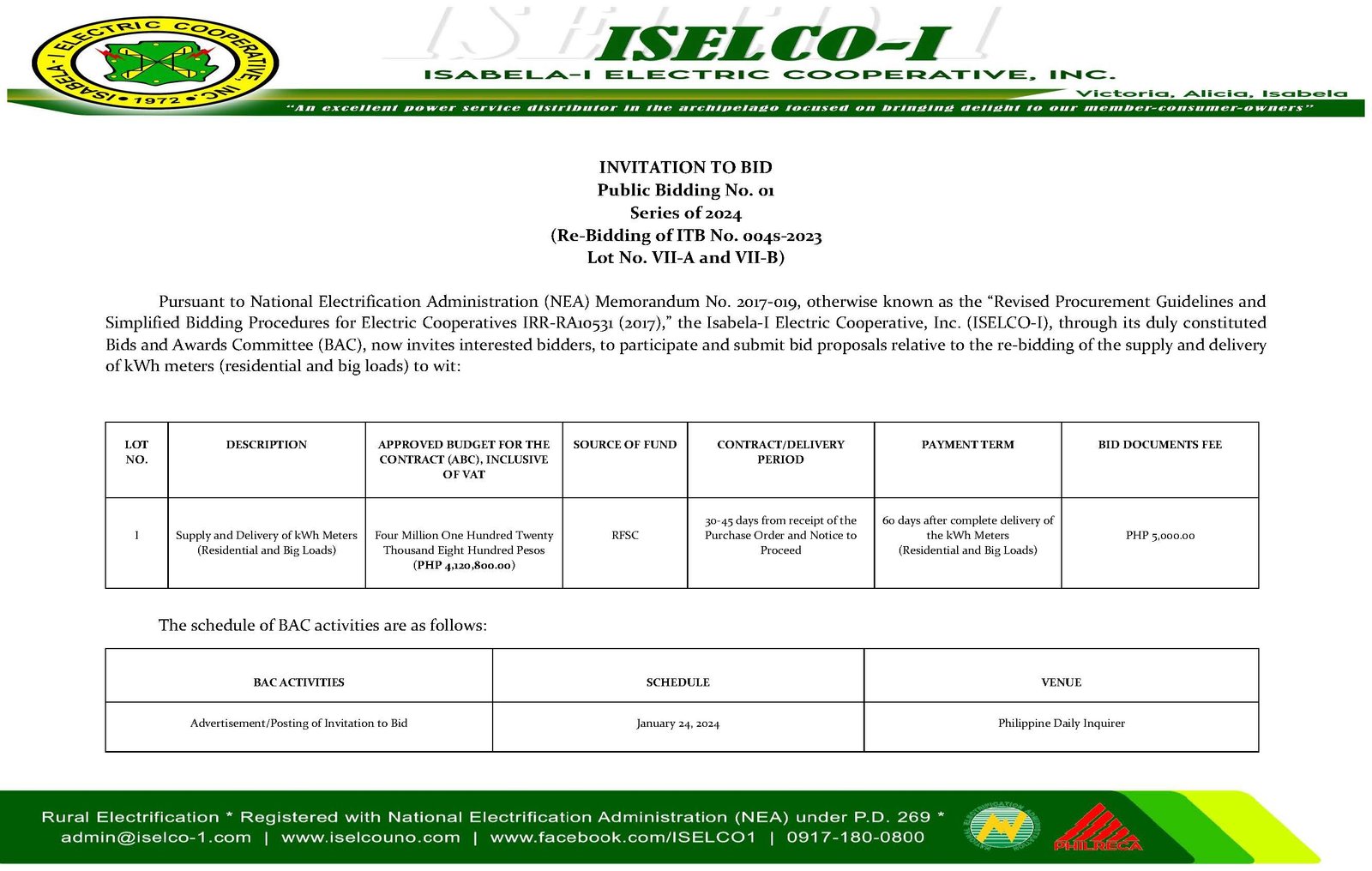 Public Bidding No.01 Series of 2024- (Re-Bidding of ITB No. 004s-2023 Lot No. VII-A and VII-B)