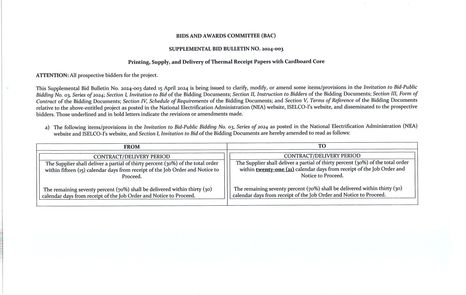 Iselco Uno Supplemental Bid Bulletin No 2024 003 Printing Supply