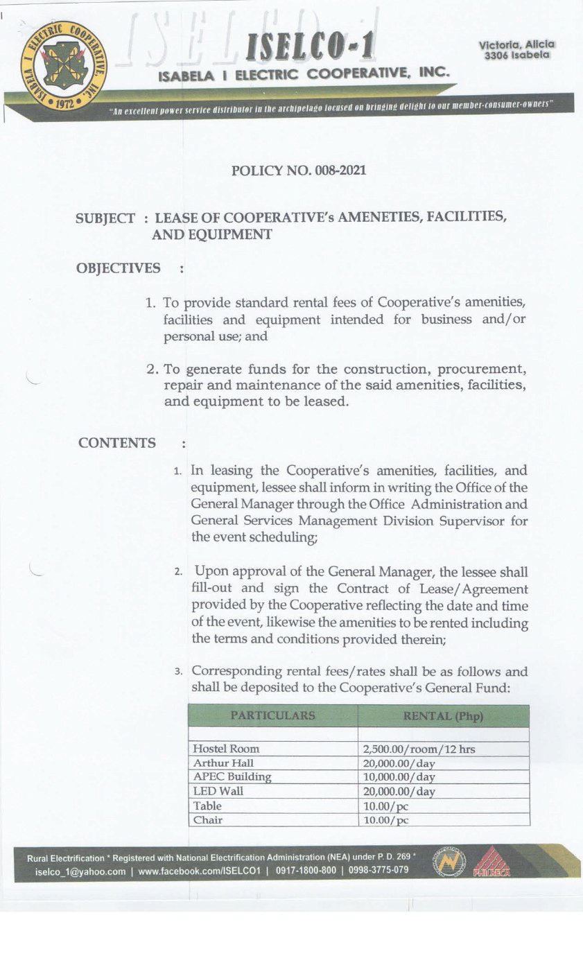 POLICY ON LEASE OF COOP AMENITIES